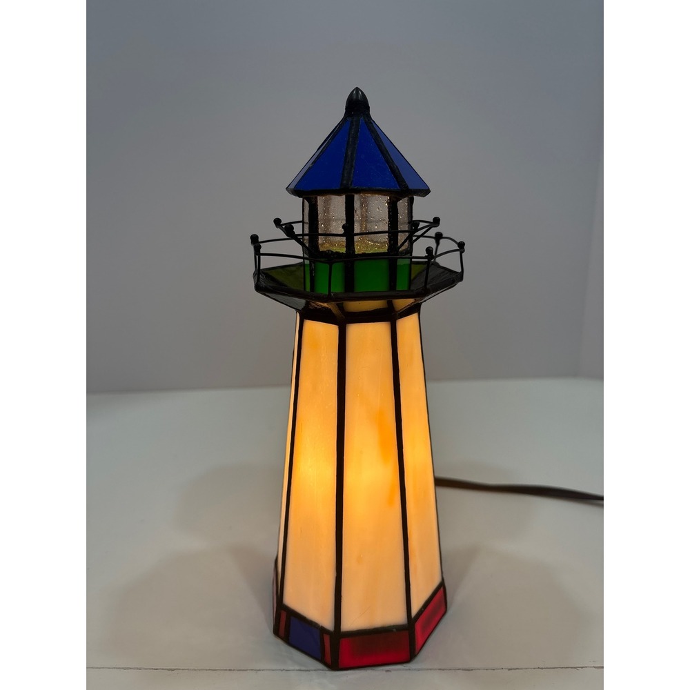 Stained Glass Lighthouse Accent Lamp Nautical Decor Night Light 10.25 Inch
